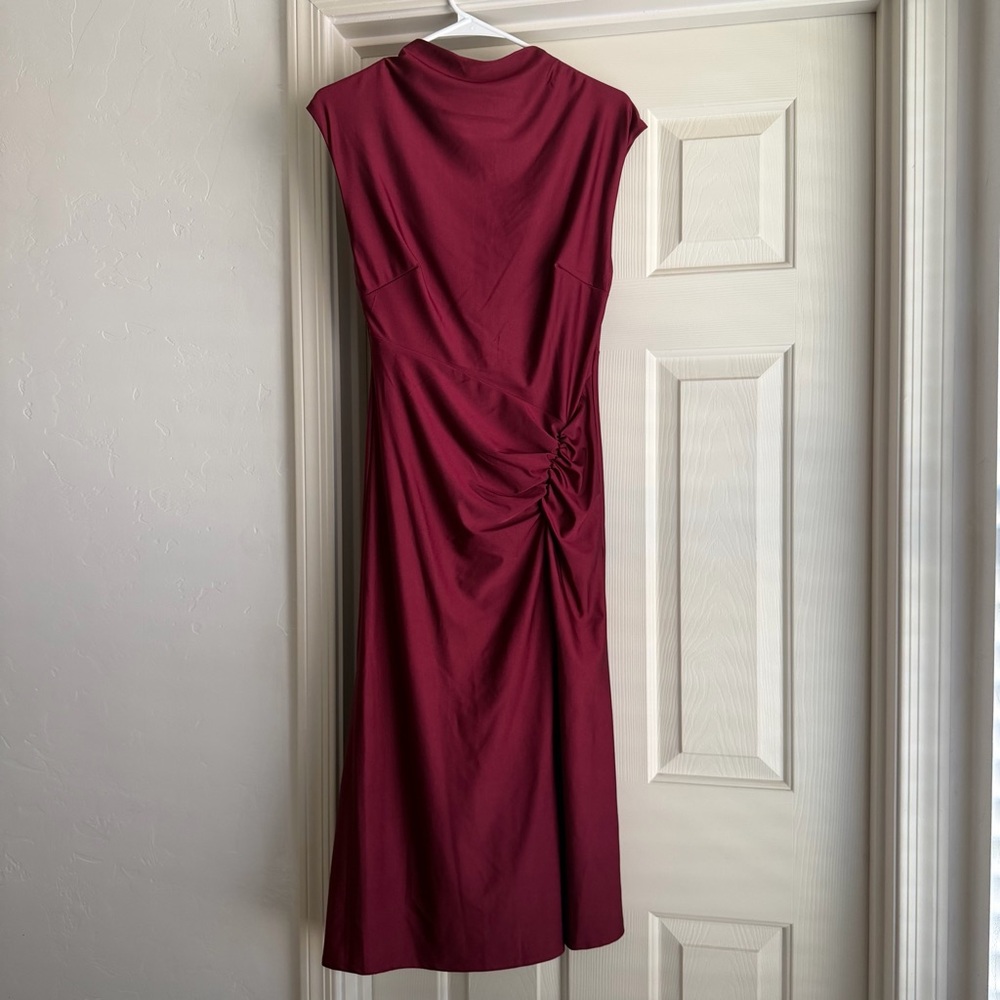 Burgundy Satin Midi Wedding Guest Dress - Picture 4 of 8
